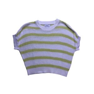 EVEREVE Short Sleeve Sweater Womens XS White Lime Striped Cotton Knit Pullover
